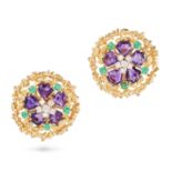A PAIR OF AMETHYST, DIAMOND AND EMERALD CLIP EARRINGS each set with a cluster of round brilliant ...
