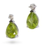 A PAIR OF PERIDOT AND DIAMOND DROP EARRINGS each set with a round cut diamond suspending a pear c...