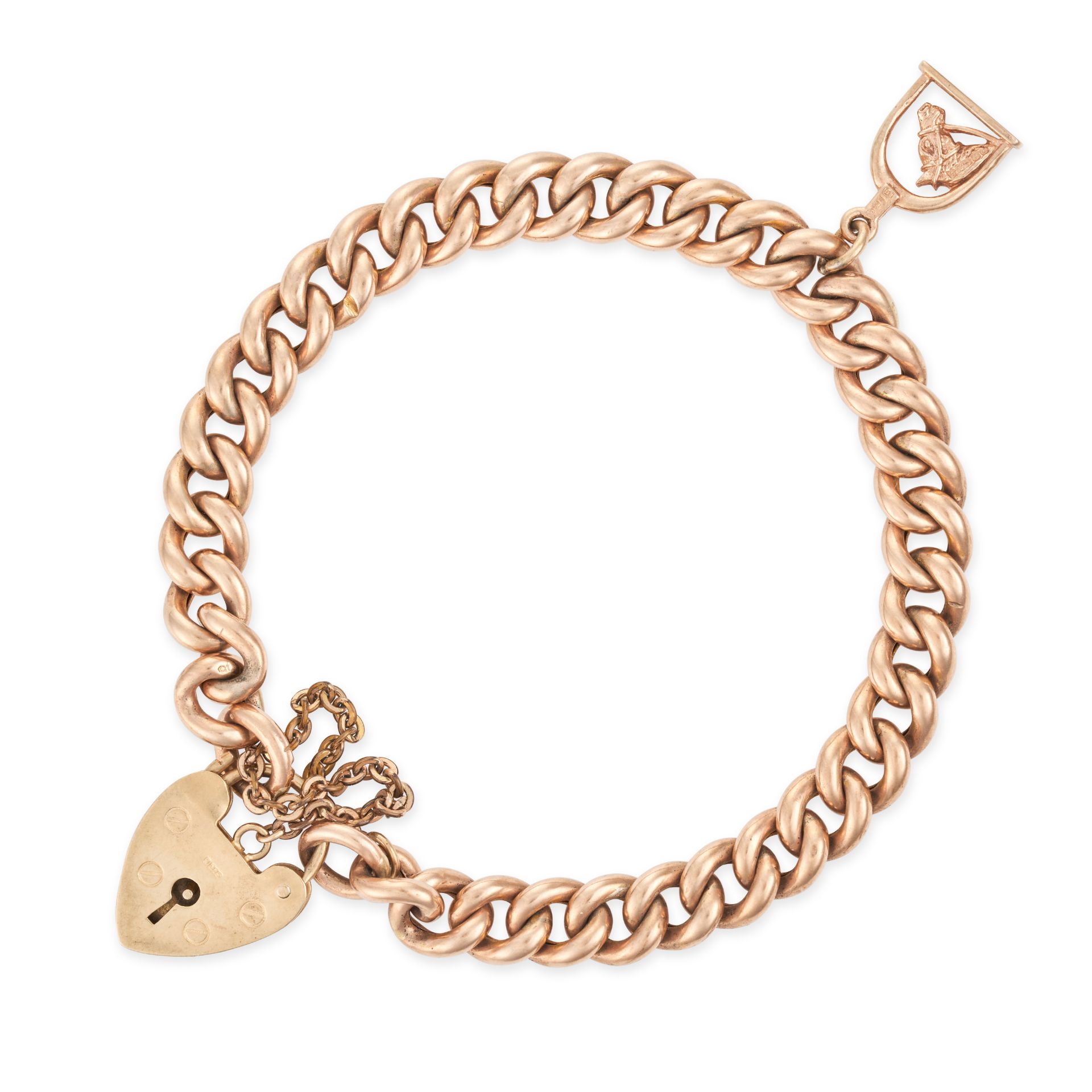 NO RESERVE - A PADLOCK BRACELET in 9ct yellow gold, comprising a curb link bracelet with a heart ...