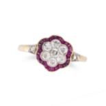 AN ANTIQUE DIAMOND AND RUBY CLUSTER RING in 18ct yellow gold, set with a cluster of old cut diamo...