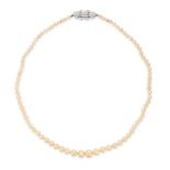 A NATURAL SALTWATER PEARL AND DIAMOND NECKLACE comprising a graduating row of pearls ranging from...