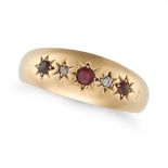 AN ANTIQUE RUBY AND DIAMOND RING in 18ct yellow gold, set with round cut rubies and rose cut diam...