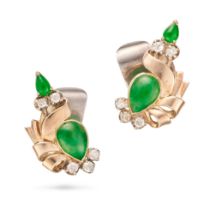 A PAIR OF RETRO JADEITE JADE AND DIAMOND CLIP EARRINGS each in scrolling design, set with pear sh...