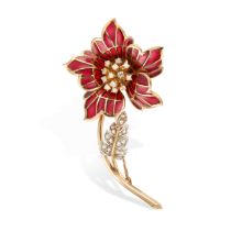 A VINTAGE DIAMOND AND PLIQUE A JOUR ENAMEL FLOWER BROOCH in 18ct yellow gold, designed as a flowe...