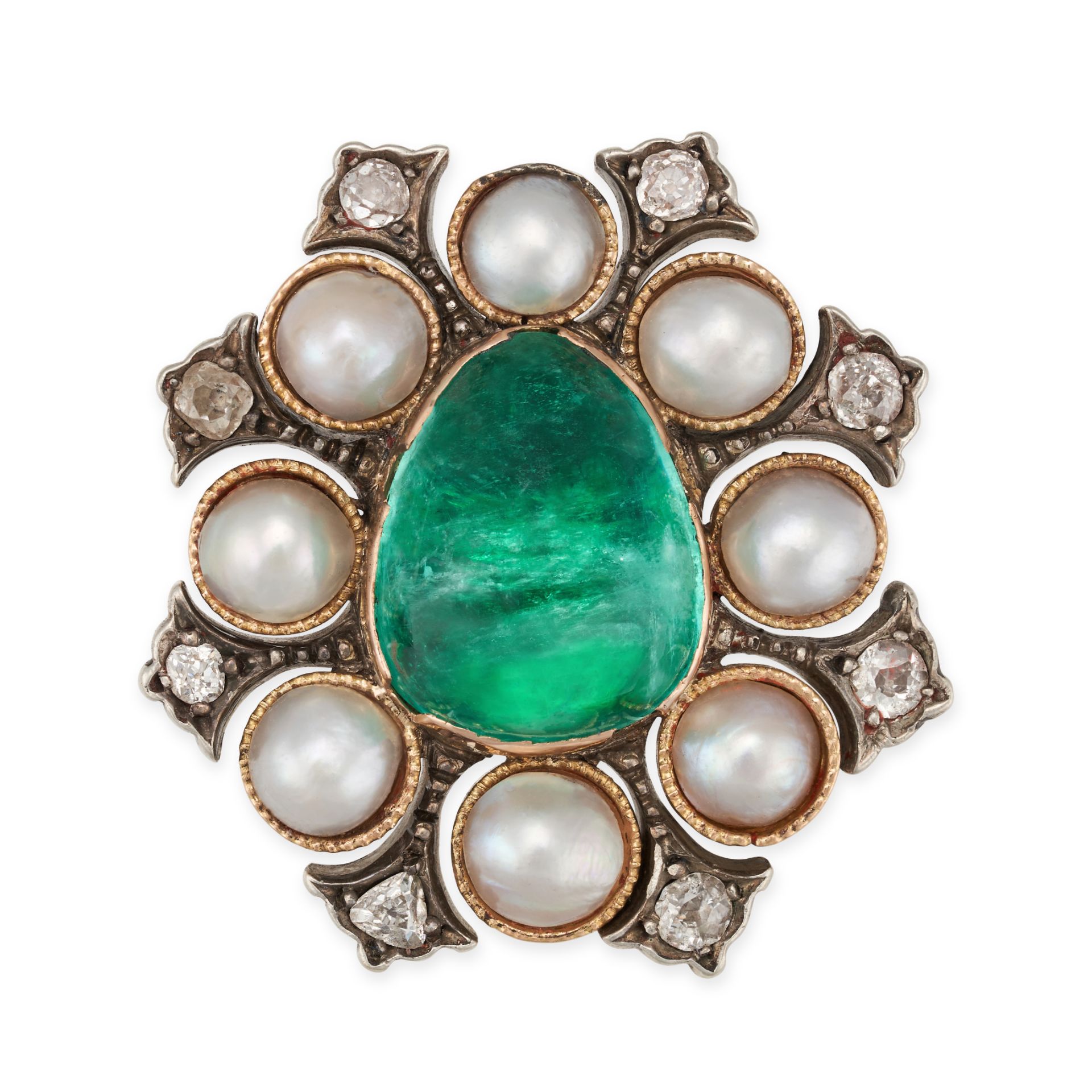 A NATURAL SALTWATER PEARL, EMERALD AND DIAMOND BROOCH in yellow gold and silver, set with a pear ...