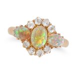 AN ANTIQUE OPAL AND DIAMOND RING in 18ct yellow gold, set with three oval cabochon opals accented...