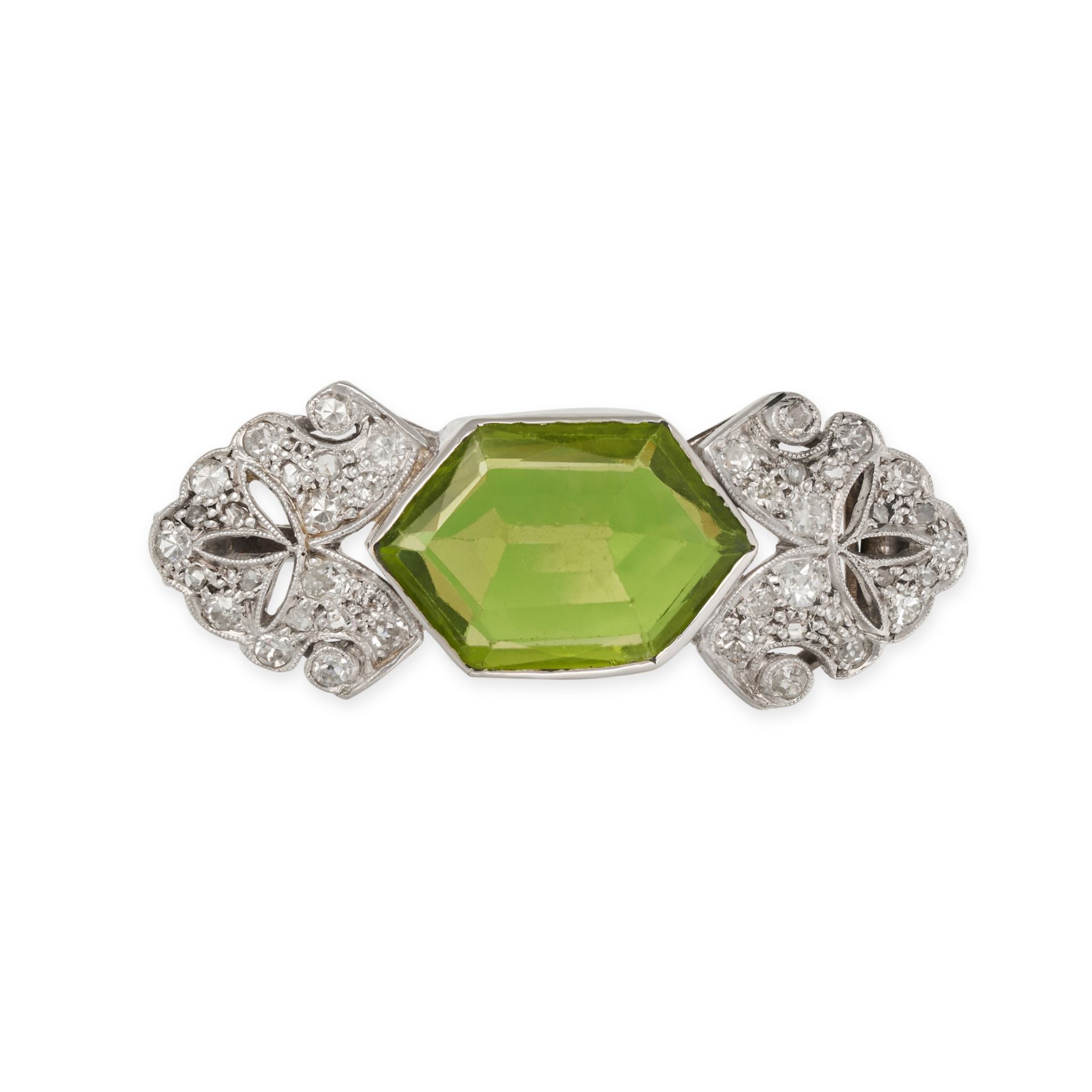 AN ANTIQUE PERIDOT AND DIAMOND BROOCH set with a fancy cut peridot of approximately 4.30 carats a...
