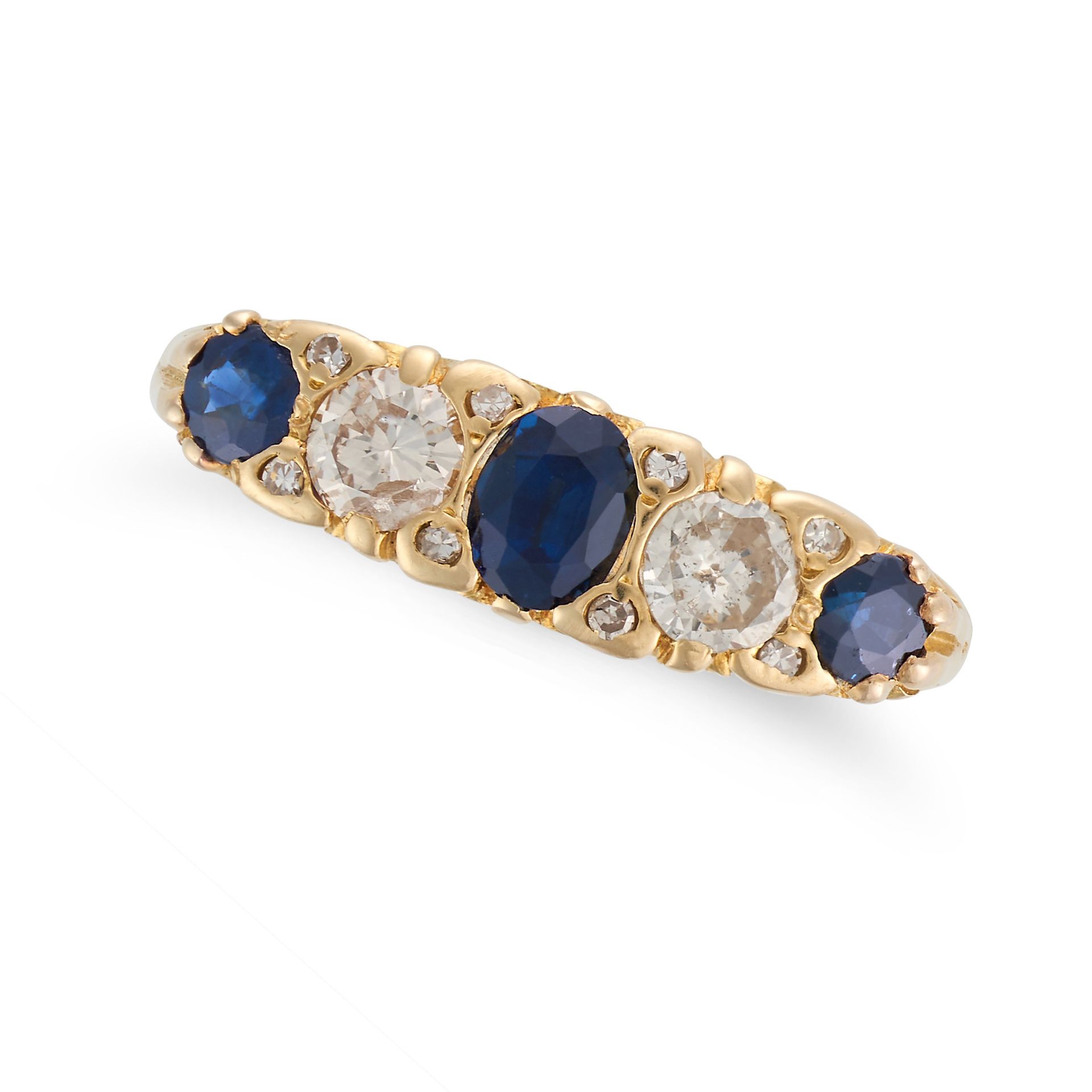 A SAPPHIRE AND DIAMOND FIVE STONE RING in 18ct yellow gold, set with a row of oval and round cut ...