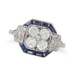 AN ART DECO DIAMOND AND SAPPHIRE RING set with four transitional cut diamonds in a border of cali...