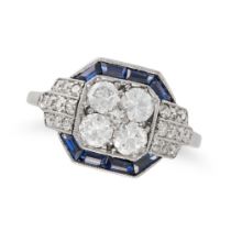 AN ART DECO DIAMOND AND SAPPHIRE RING set with four transitional cut diamonds in a border of cali...