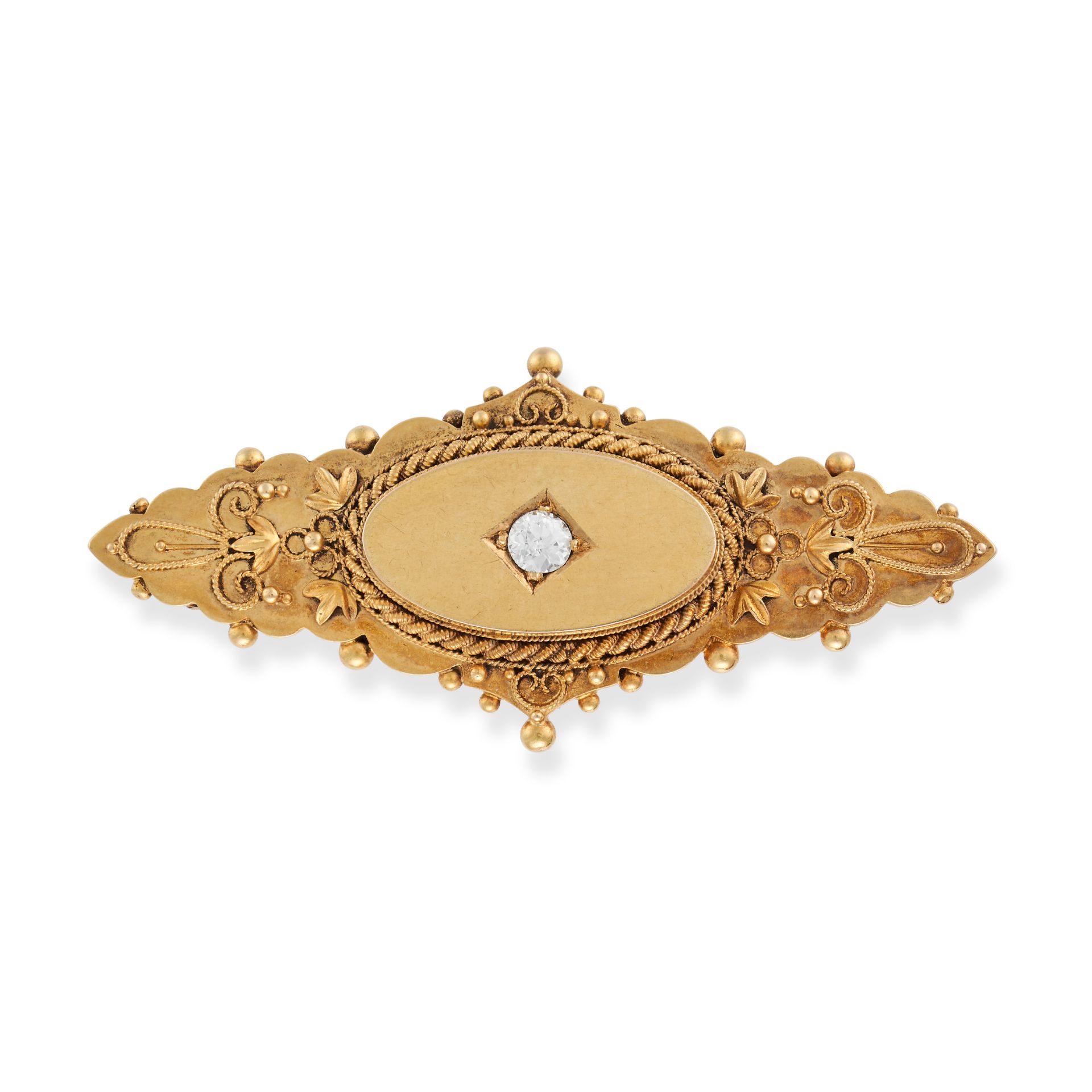 AN ANTIQUE ETRUSCAN REVIVAL DIAMOND BROOCH in 15ct yellow gold, set with an old cut diamond, glas...
