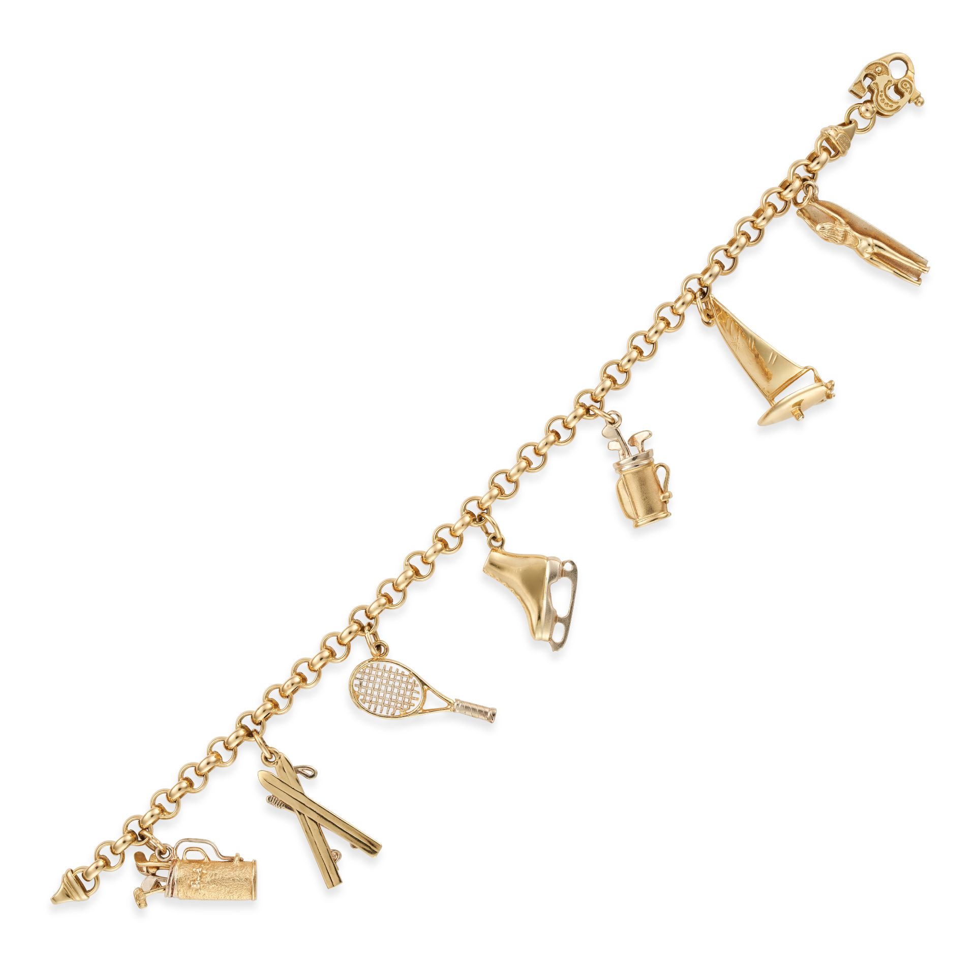 A CHARM BRACELET comprising a belcher chain bracelet, suspending seven charm pendants including a...