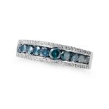 A BLUE AND WHITE DIAMOND RING set with a row of irradiated round cut blue diamonds in a border of...