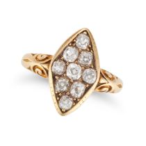 AN ANTIQUE DIAMOND NAVETTE RING in yellow gold, the navette face set with old cut diamonds, the d...