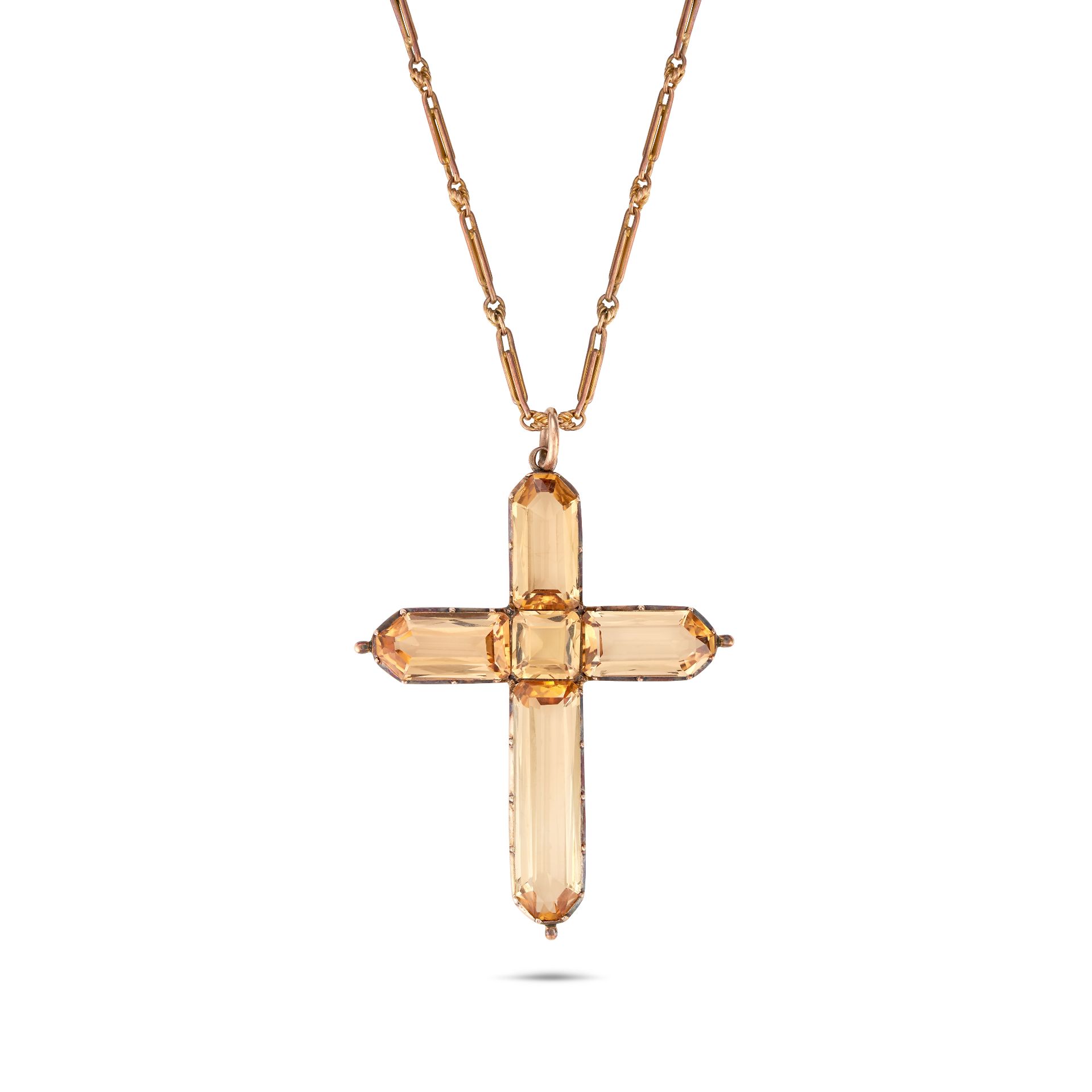 AN ANTIQUE IMPERIAL TOPAZ CROSS PENDANT NECKLACE the pendant designed as a cross set with octagon...