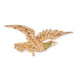 AN ANTIQUE PEARL, DEMANTOID GARNET AND RUBY BIRD BROOCH in 15ct yellow gold, designed as a bird i...