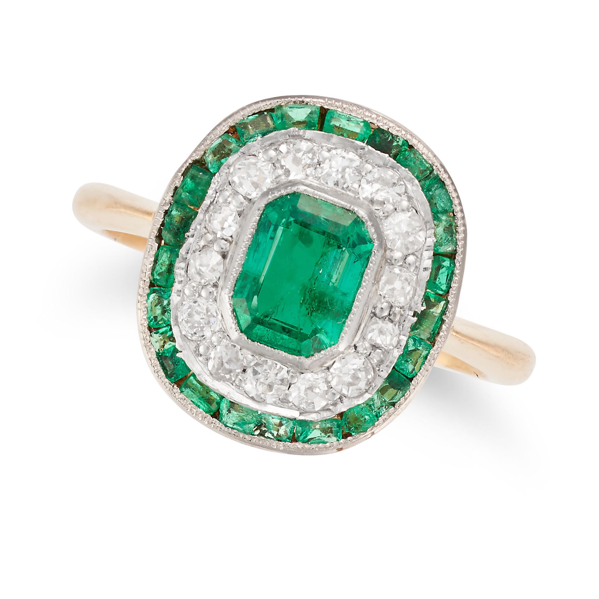 AN EMERALD AND DIAMOND TARGET RING in 18ct yellow gold, set with an octagonal step cut emerald of...