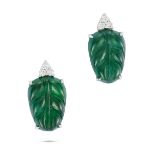 A PAIR OF TYPE A JADEITE JADE AND DIAMOND EARRINGS each set with a cabochon jadeite jade carved t...