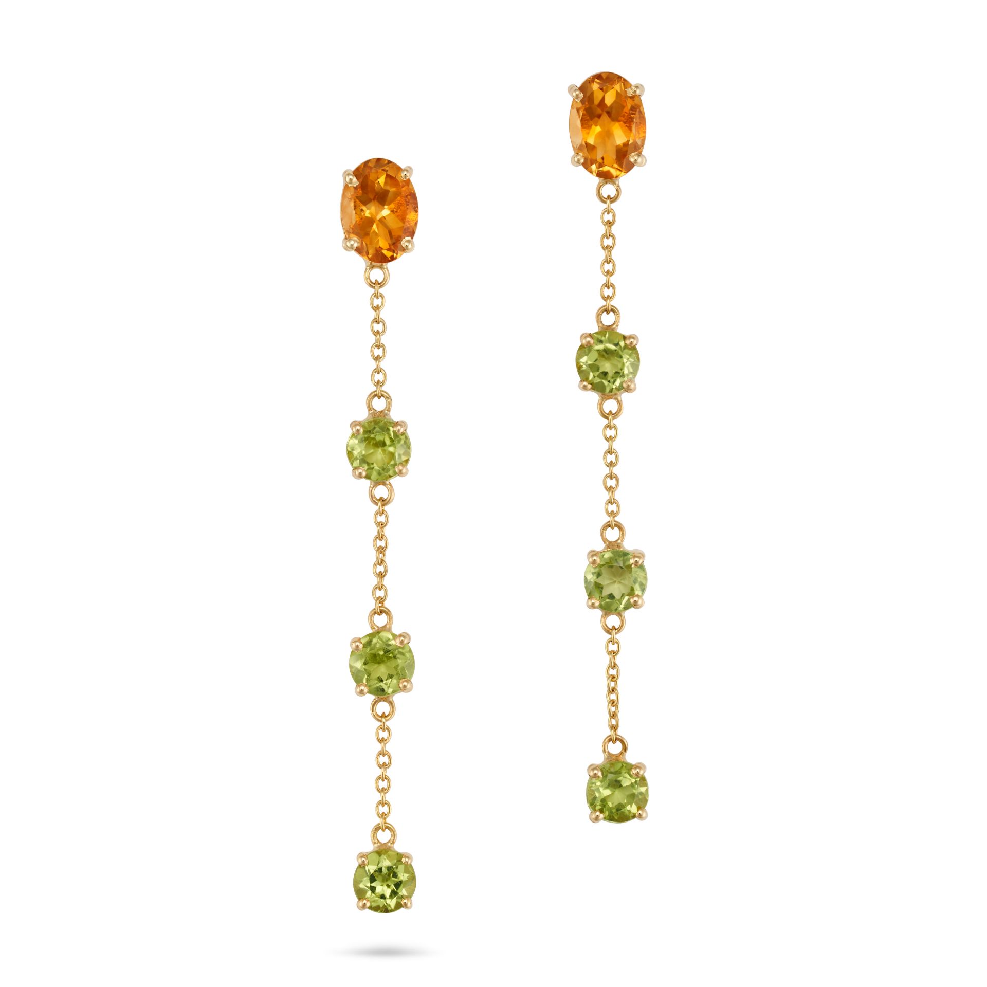 A PAIR OF CITRINE AND PERIDOT DROP EARRINGS each set with an oval cut citrine suspending three ro...
