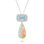 AN OPAL, AQUAMARINE AND DIAMOND PENDANT NECKLACE in 18ct white gold, the pendant set with an octa...