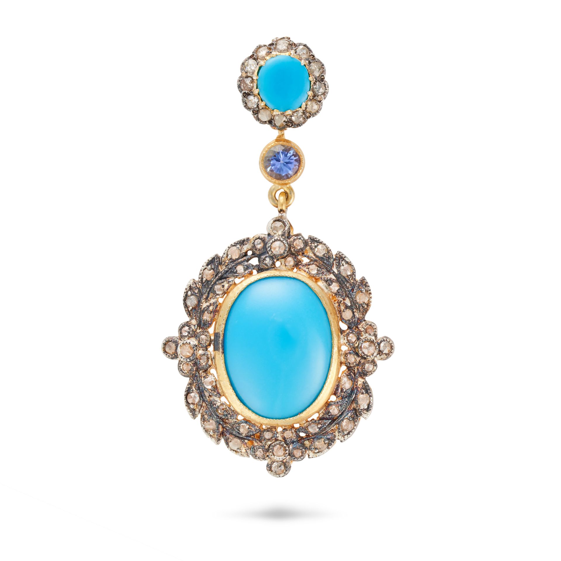 NO RESERVE - A RECONSTITUTED TURQUOISE, DIAMOND AND TANZANITE PENDANT set with an oval cabochon r...