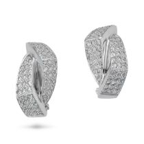 A PAIR OF DIAMOND HOOP EARRINGS each designed as a stylised hoop pave set with round brilliant cu...