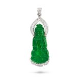 A JADEITE JADE AND DIAMOND GUANYIN PENDANT comprising a jadeite jade plaque carved to depict Guan...