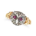 A RUBY AND DIAMOND OWL RING the head designed as the face of an owl set with rose cut diamonds, t...