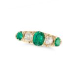 AN EMERALD AND DIAMOND FIVE STONE RING in 18ct yellow gold, set with a row of alternating oval cu...