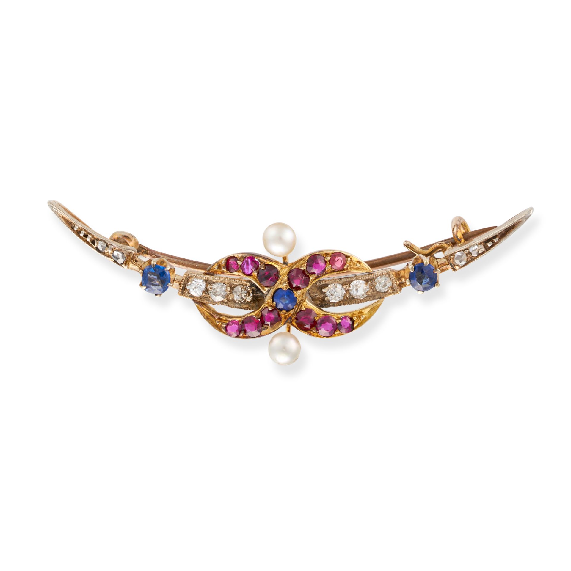 AN ANTIQUE DIAMOND, RUBY, SAPPHIRE AND PEARL CRESCENT MOON BROOCH in yellow gold and silver, desi...
