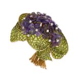 AN AMETHYST, DIAMOND AND PLIQUE A JOUR BOUQUET BROOCH comprising a cluster of carved amethyst flo...