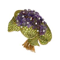 AN AMETHYST, DIAMOND AND PLIQUE A JOUR BOUQUET BROOCH comprising a cluster of carved amethyst flo...