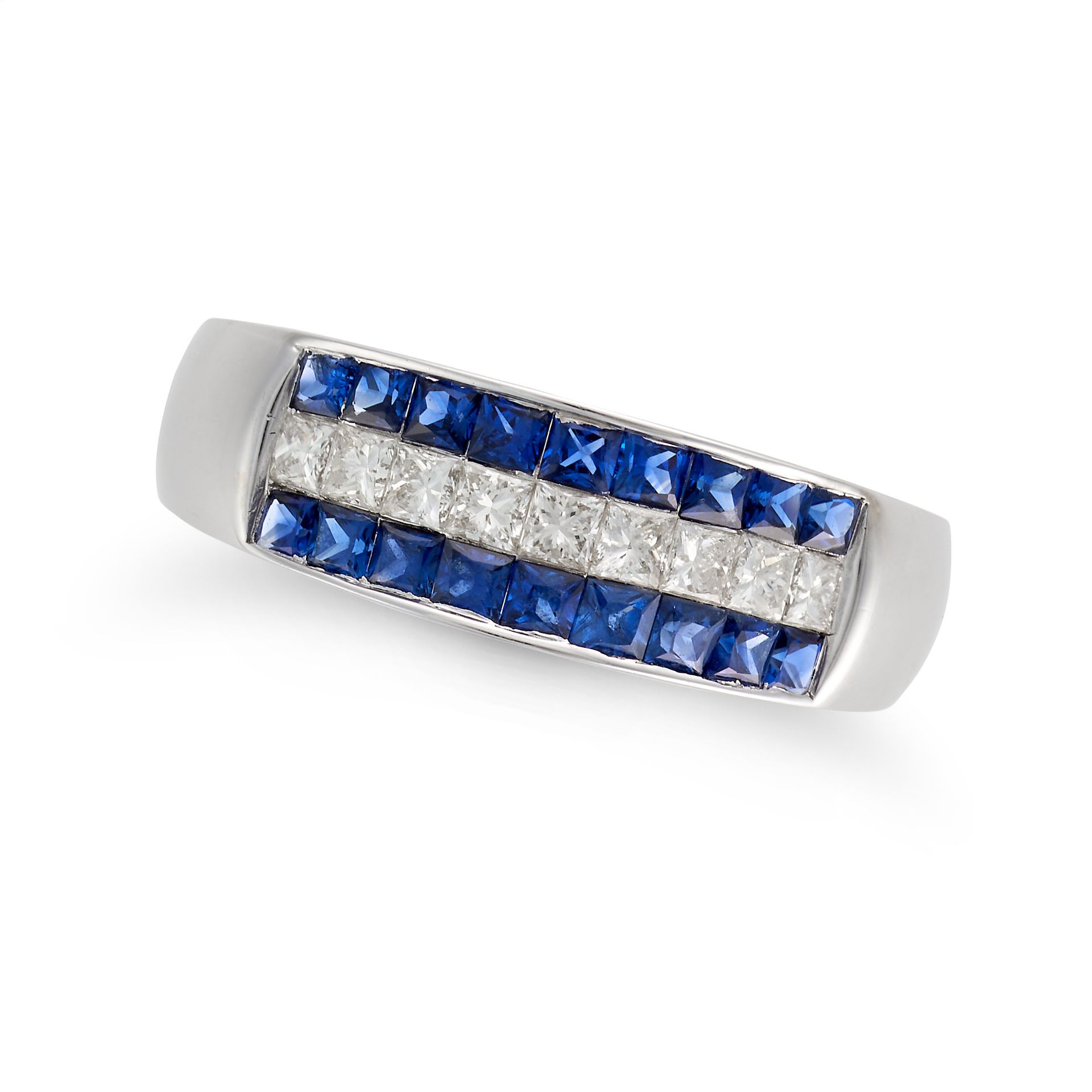 A SAPPHIRE AND DIAMOND RING set with a row of princess cut diamonds, accented by rows of square s...