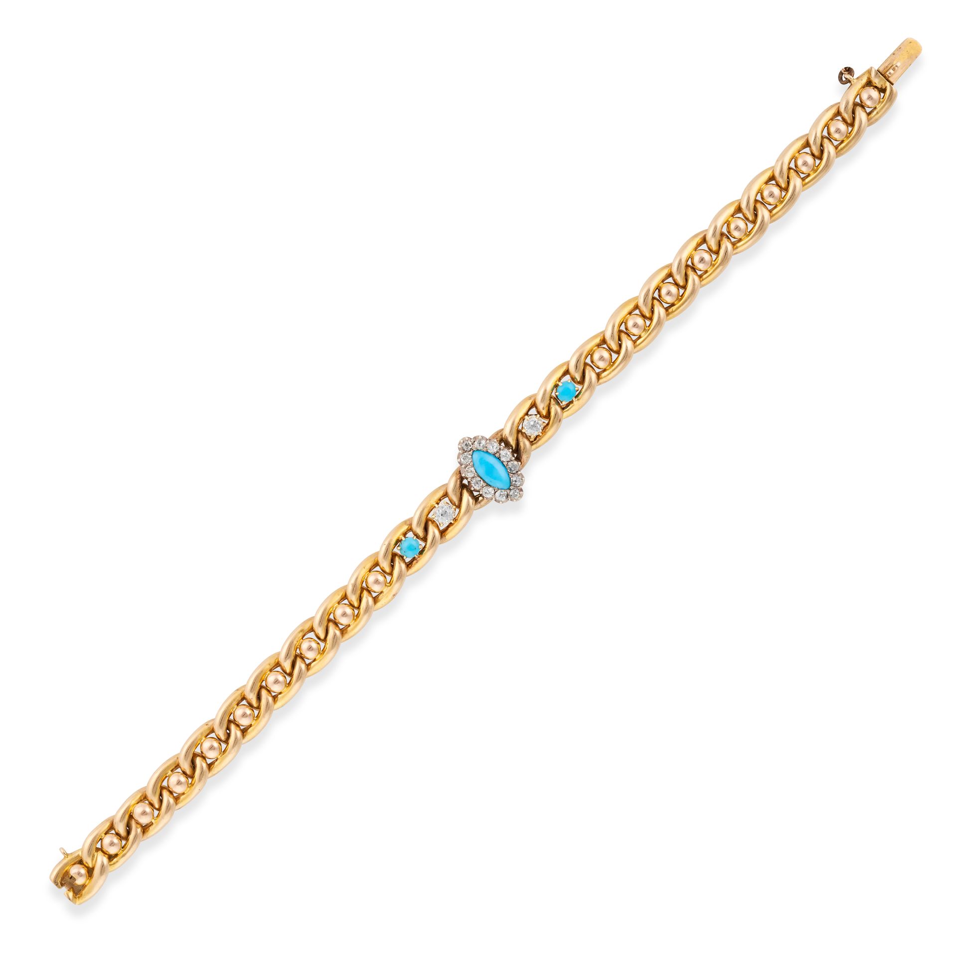 AN ANTIQUE TURQUOISE AND DIAMOND CURB CHAIN BRACELET comprising a row of curb links set with nave...