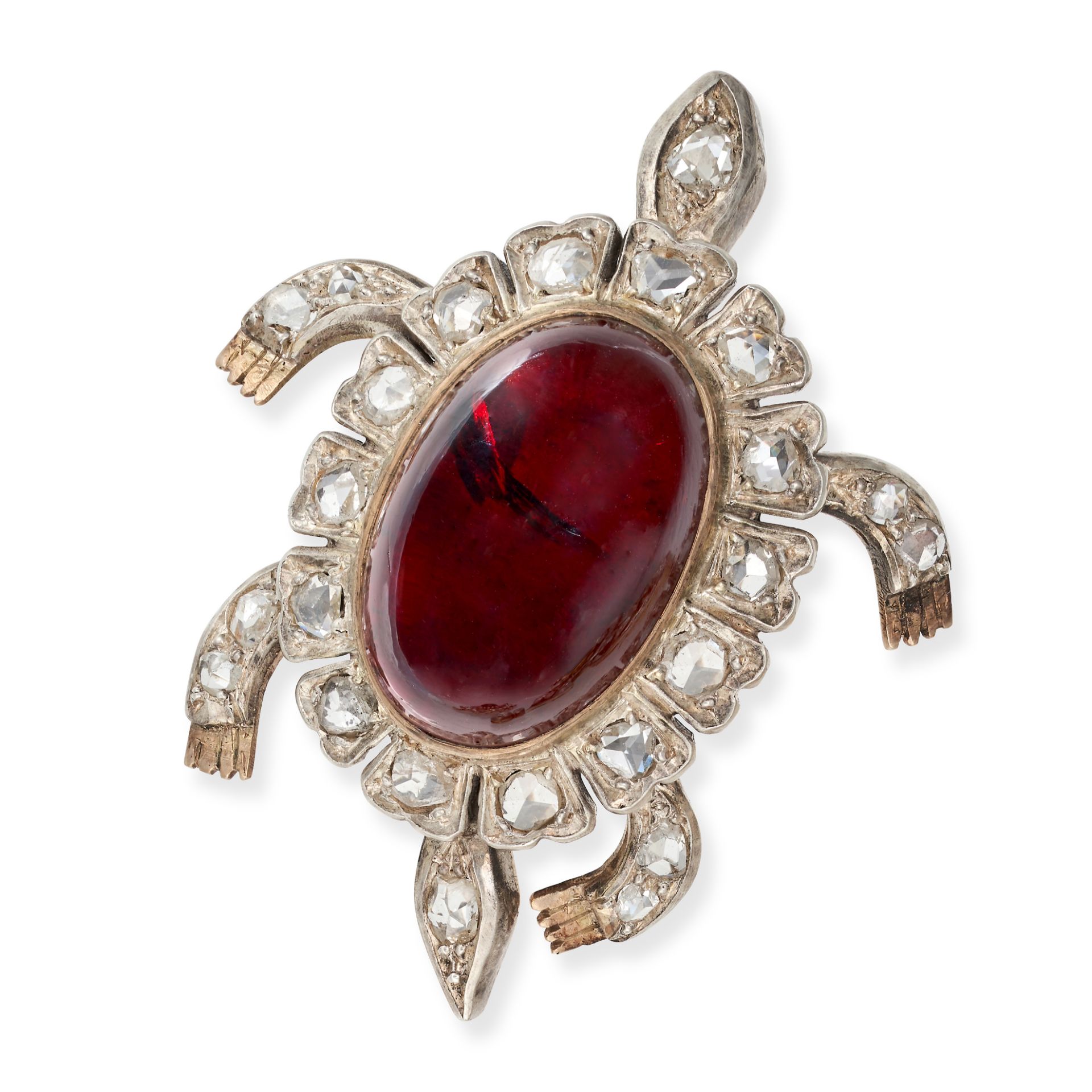 A GARNET AND DIAMOND TURTLE BROOCH in yellow gold and silver, the shell set with a cabochon garne...