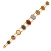 AN ANTIQUE AMETHYST AND HARDSTONE CAMEO AND INTAGLIO BRACELET in 18ct yellow gold, set with a row...