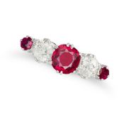 A RUBY AND DIAMOND FIVE STONE RING set with a row of alternating round cut rubies and round brill...