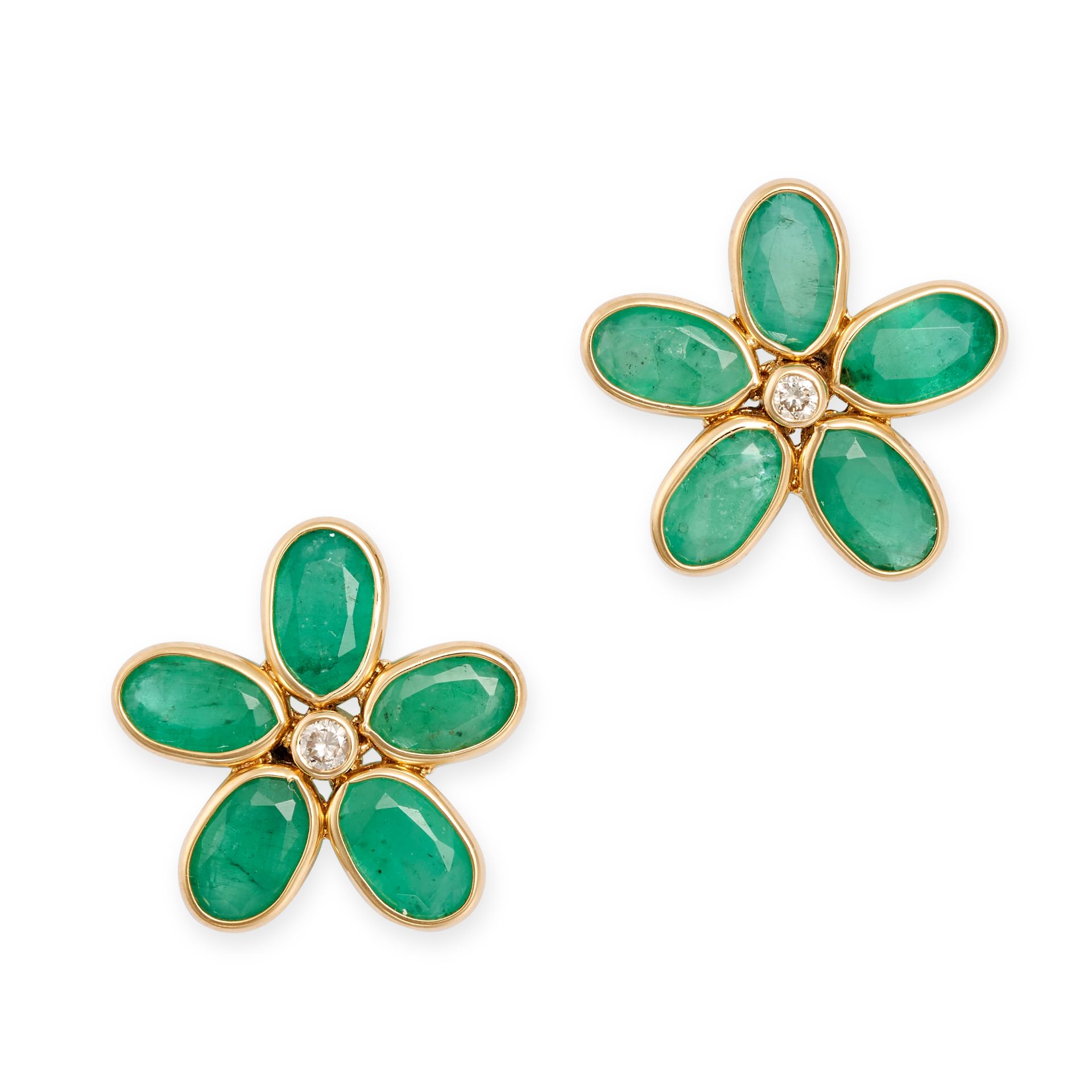 A PAIR OF EMERALD AND DIAMOND FLOWER EARRINGS each designed as a flower set with a round brillian...