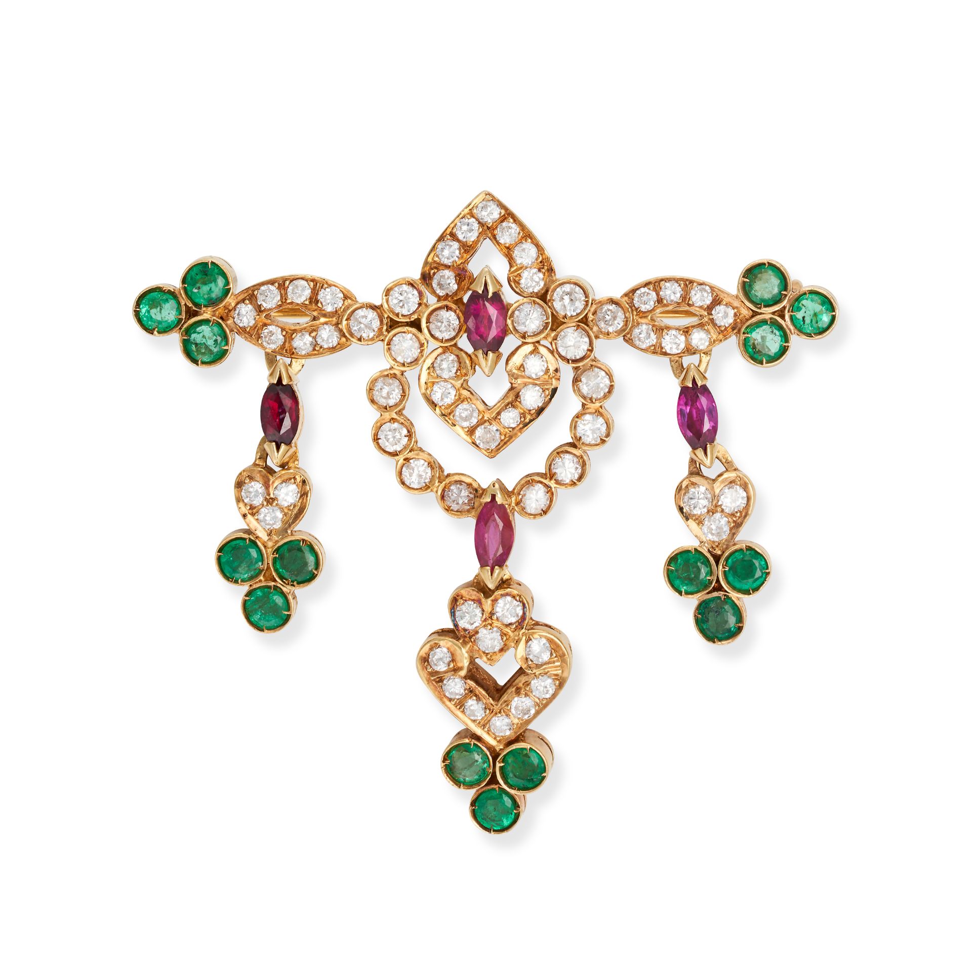 AN EMERALD, RUBY AND DIAMOND BROOCH set with round cut emeralds, marquise cut rubies and round br...