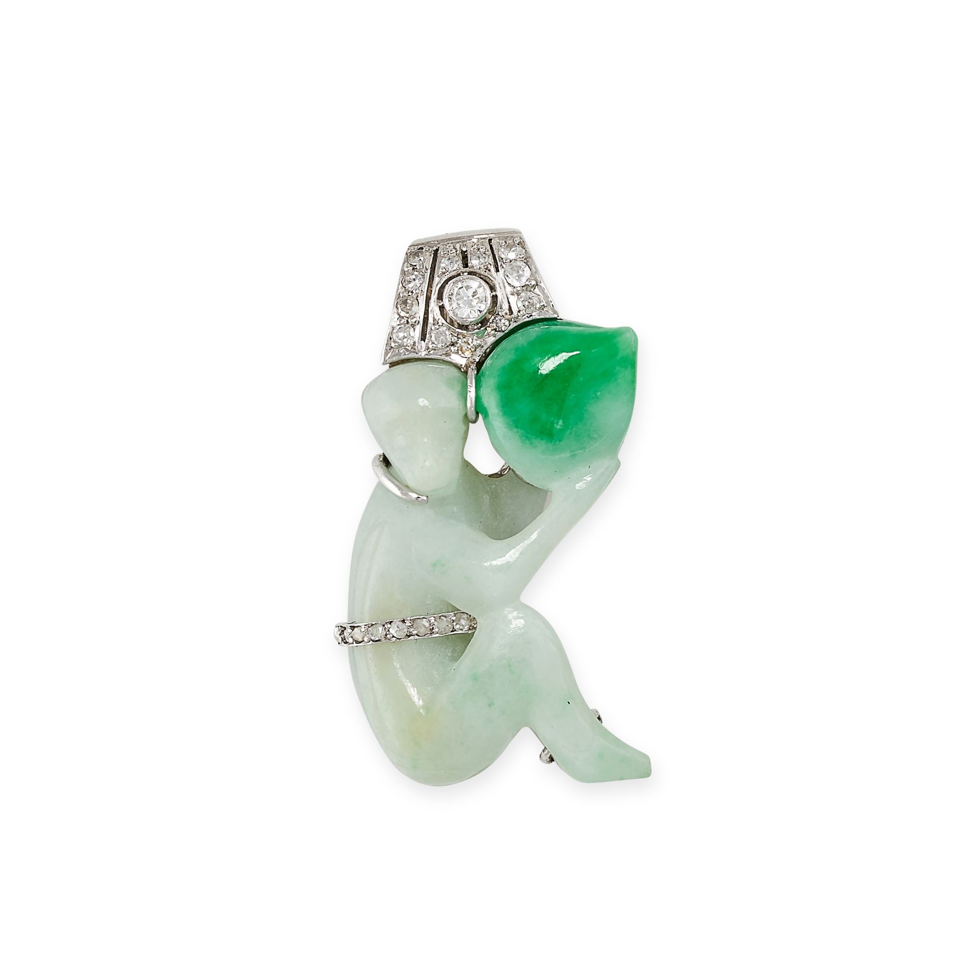 AN ART DECO JADEITE JADE AND DIAMOND CLIP BROOCH set with a piece of carved jade designed as a mo...