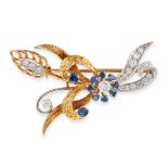 A SAPPHIRE AND DIAMOND FLORAL SPRAY BROOCH designed as a stylised floral spray set with round cut...