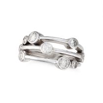 A DIAMOND BUBBLE RING in 18ct white gold, set with round brilliant cut diamonds on a trifurcated ...