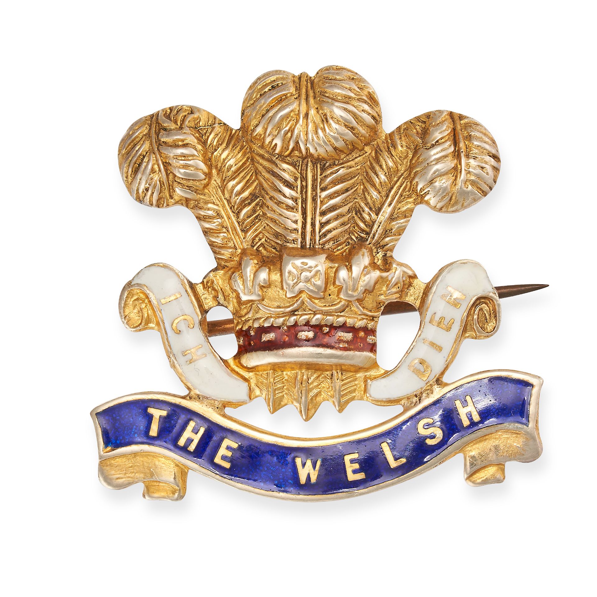 AN ENAMEL ROYAL WELSH REGIMENT BROOCH in 9ct yellow gold, designed as the cap badge of the Royal ...