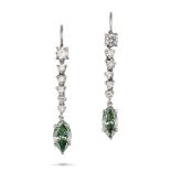 A PAIR OF FANCY GREEN DIAMOND DROP EARRINGS each comprising a row of round brilliant cut diamonds...