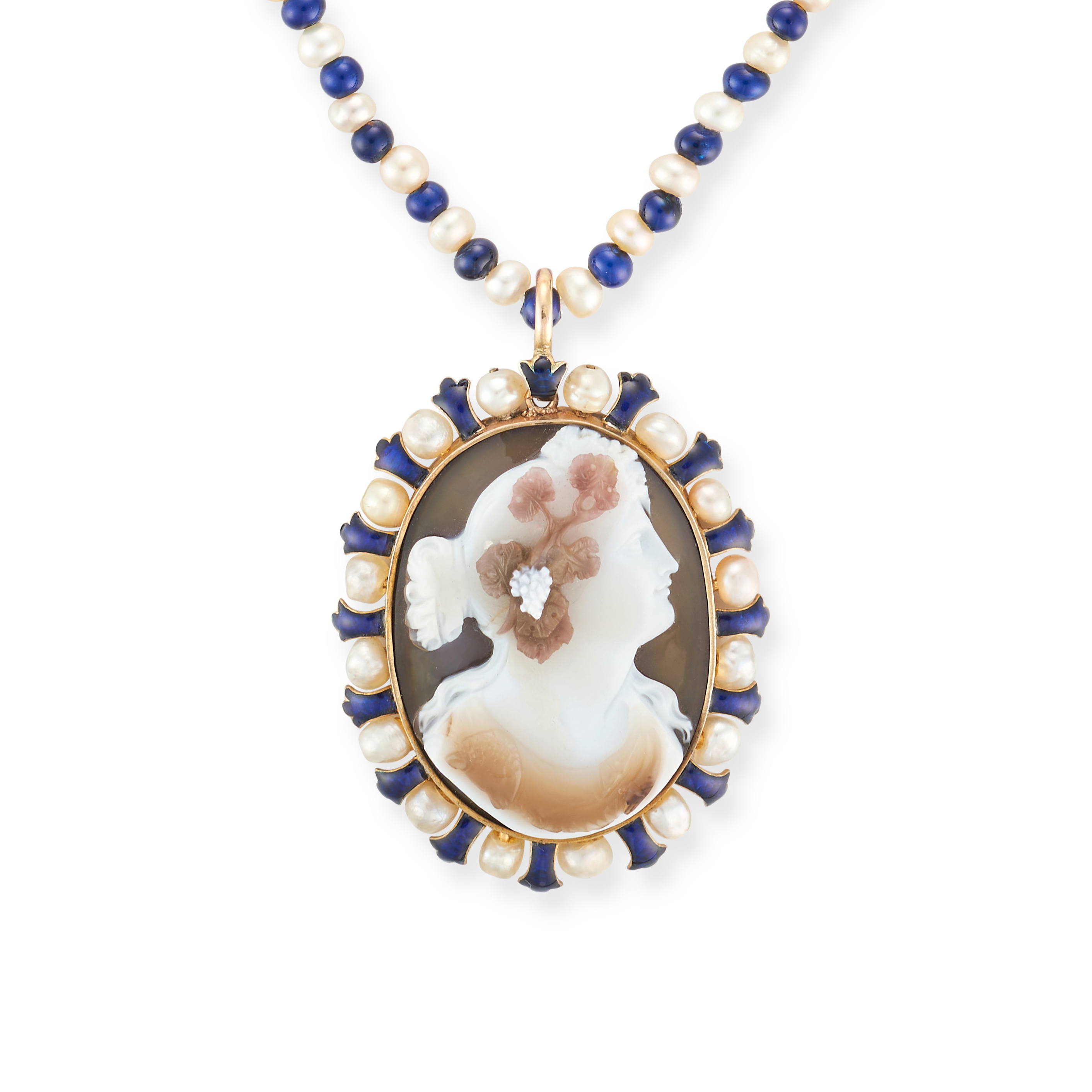 A NATURAL SALTWATER PEARL, AGATE CAMEO AND ENAMEL PENDANT NECKLACE the pendant set with an oval a...