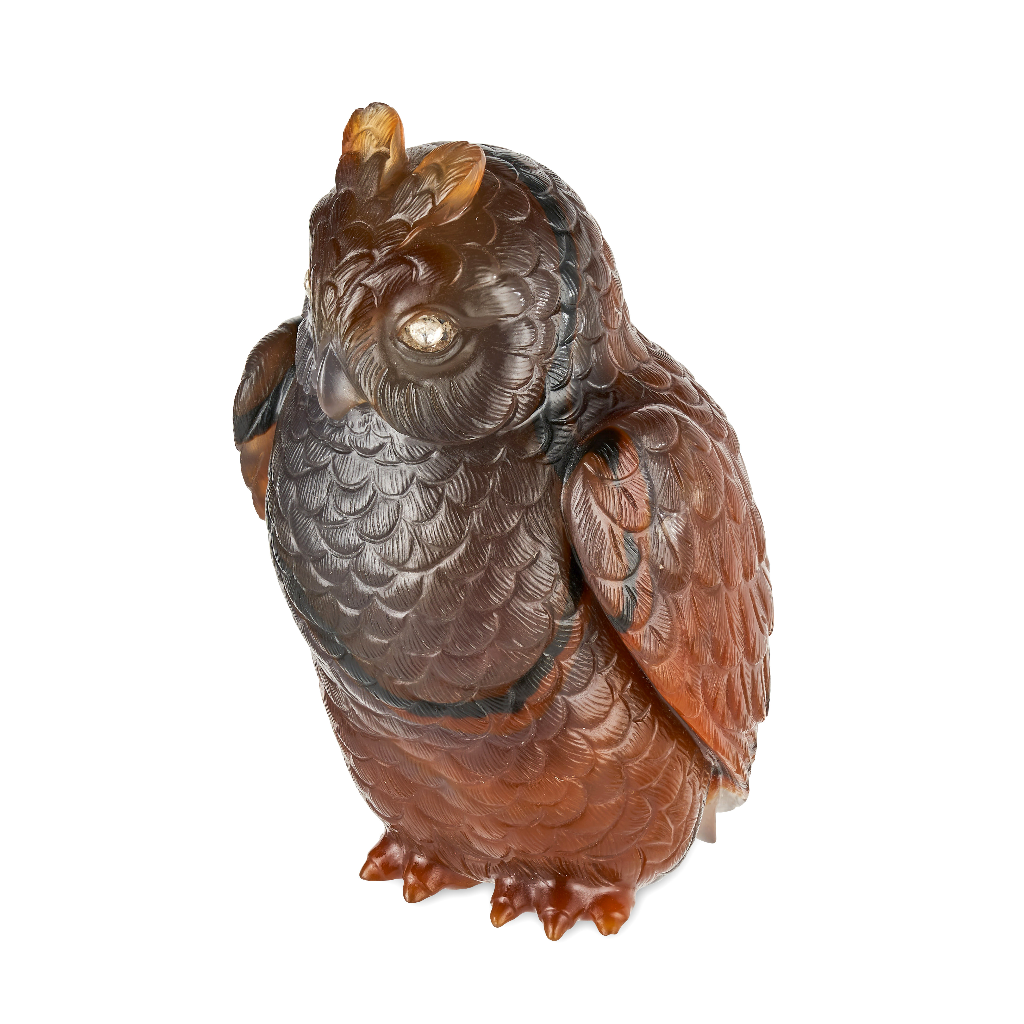 FABERGE, A JEWELLED AGATE MODEL OF AN OWL, ST PETERSBURG, CIRCA 1900, naturalistically modelled a... - Image 7 of 10