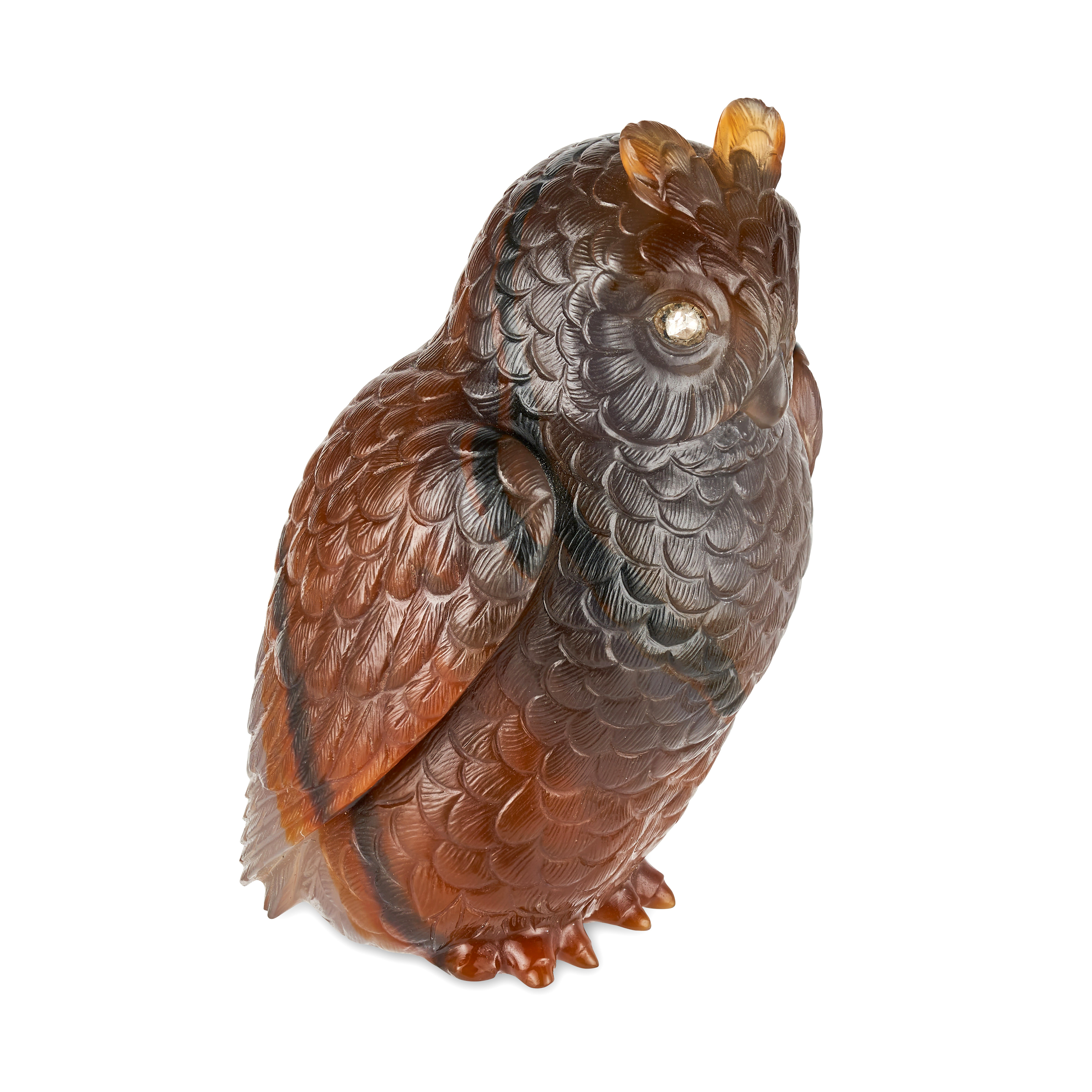 FABERGE, A JEWELLED AGATE MODEL OF AN OWL, ST PETERSBURG, CIRCA 1900, naturalistically modelled a... - Image 2 of 10