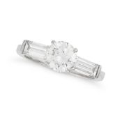 A DIAMOND RING set with a round brilliant cut diamond of approximately 1.00 carat, flanked by two...