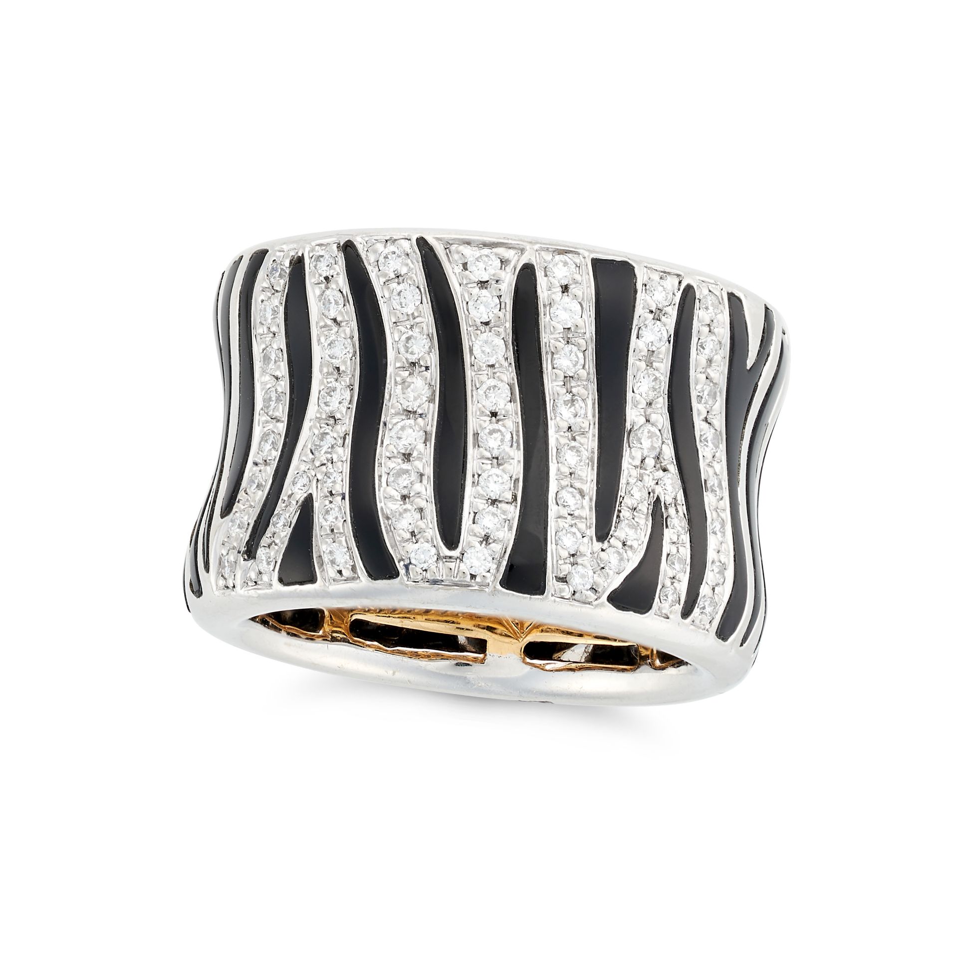 ROBERTO COIN, A DIAMOND AND ENAMEL ZEBRA RING in 18ct white gold, the wide band ring in zebra pri...