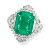 A ZAMBIAN EMERALD AND DIAMOND BALLERINA RING set with an octagonal step cut emerald of approximat...